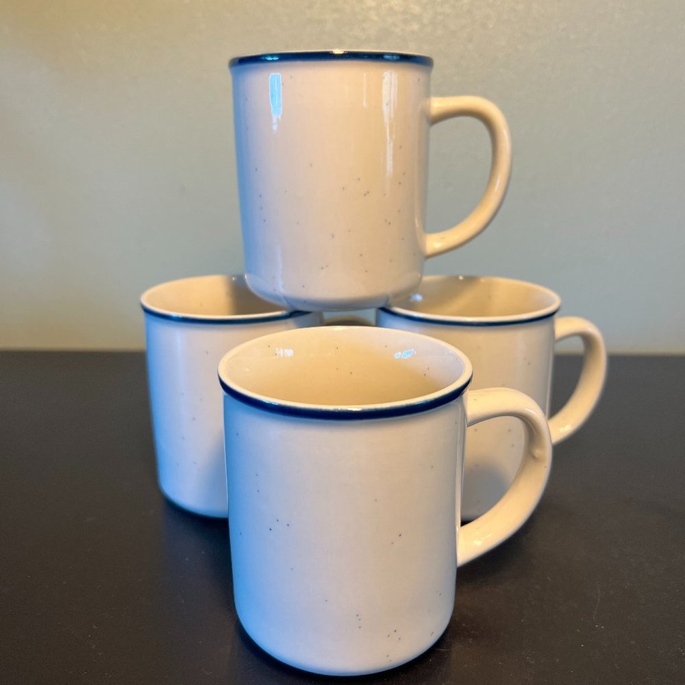 VTG 1990s Folkcraft Blue Speckled Stoneware Mugs Navy Rim Set of 4 Farmhouse